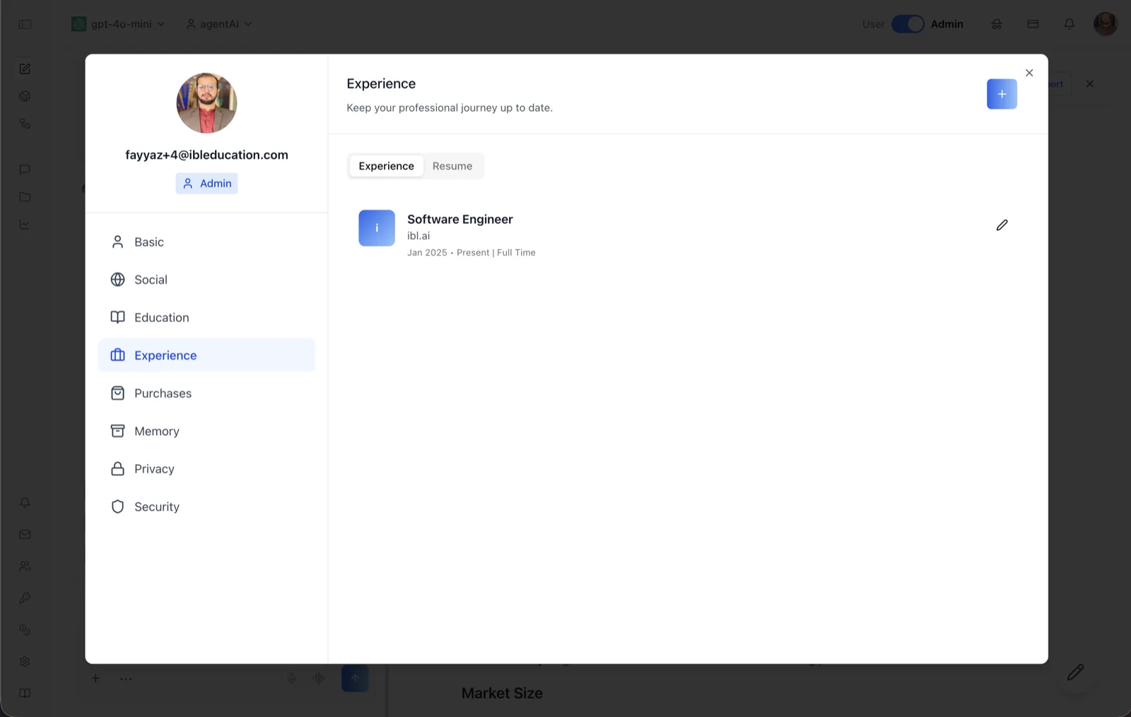 The Experience tab of the User Profile dialog, showing a Software Engineer role at ibl.ai marked Present and Full Time