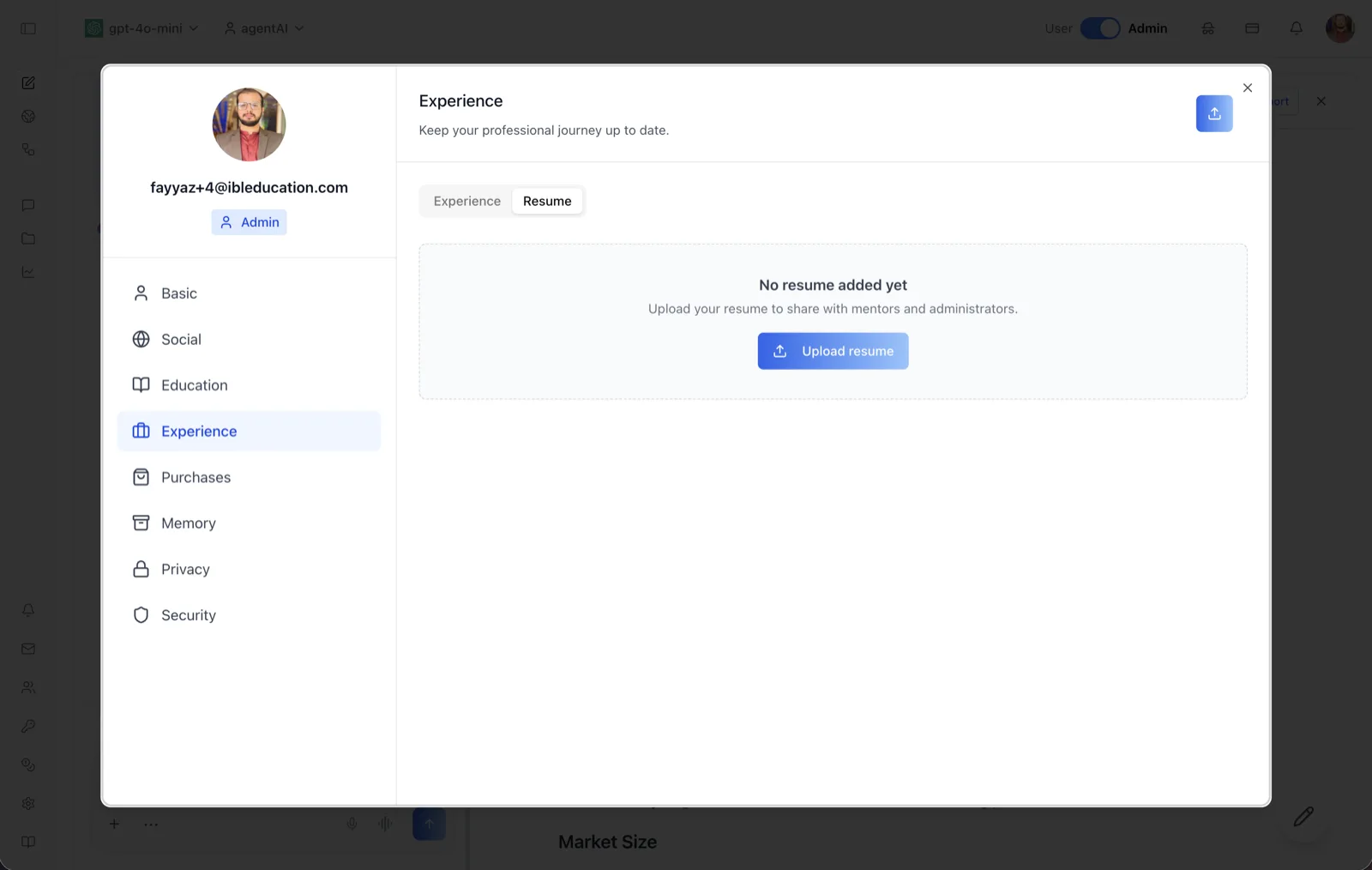 The Resume sub-tab of the Experience section, showing the