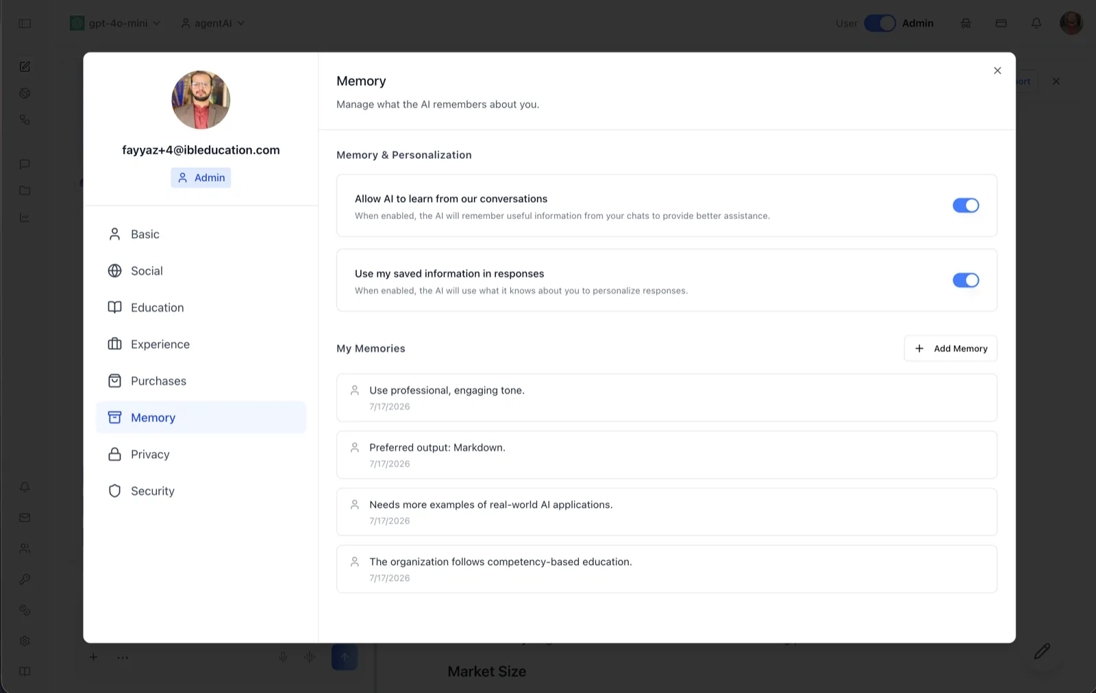 The Memory tab of the User Profile dialog, with two personalization toggles and a My Memories list of saved facts