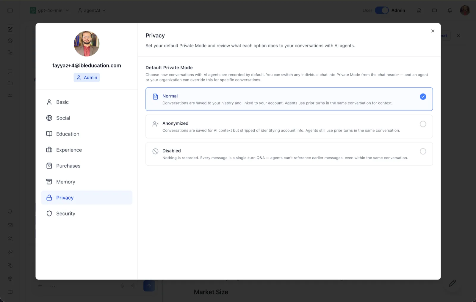 The Privacy tab of the User Profile dialog, showing the Default Private Mode options: Normal, Anonymized, and Disabled