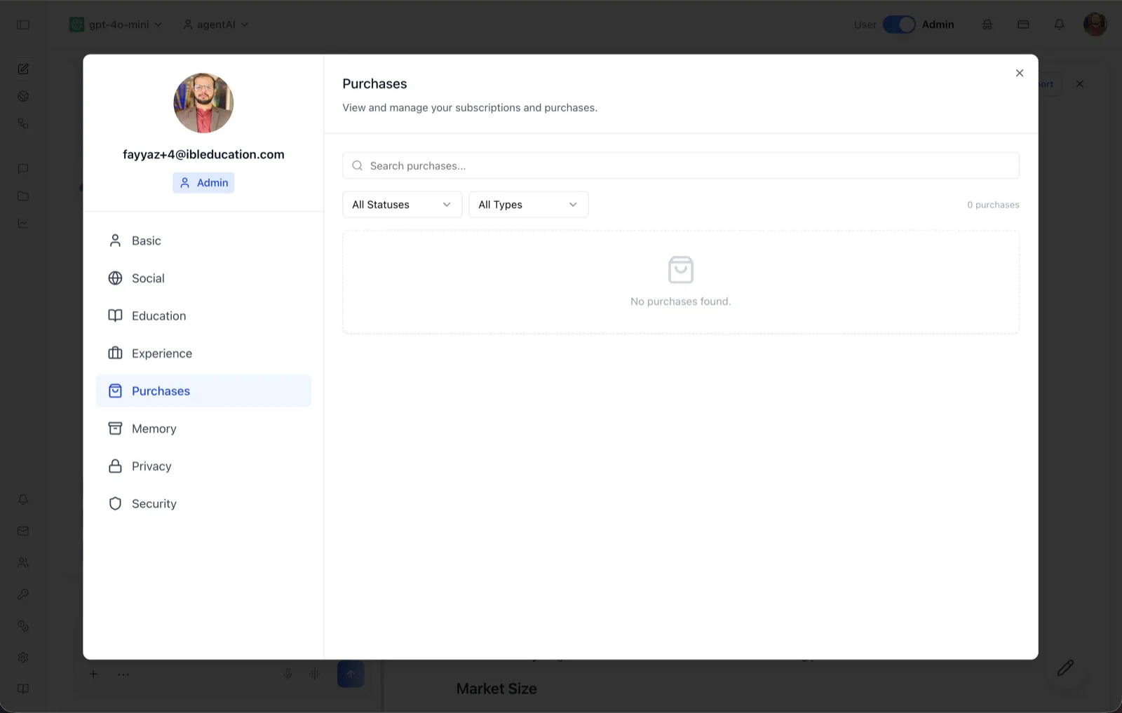 The Purchases tab of the User Profile dialog, with search, status and type filters, and the