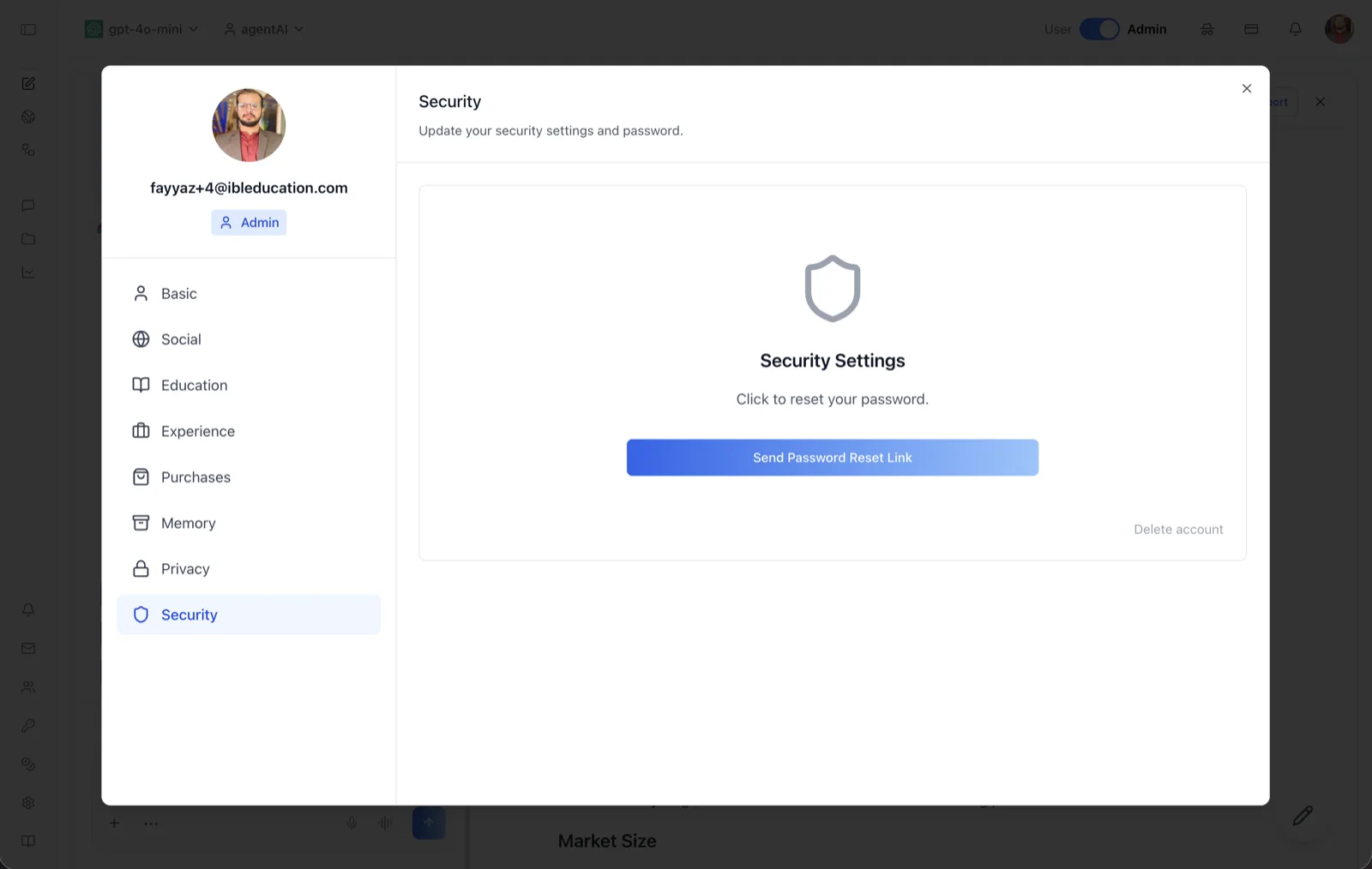 The Security tab of the User Profile dialog, showing the Security Settings card with the Send Password Reset Link button and Delete account link