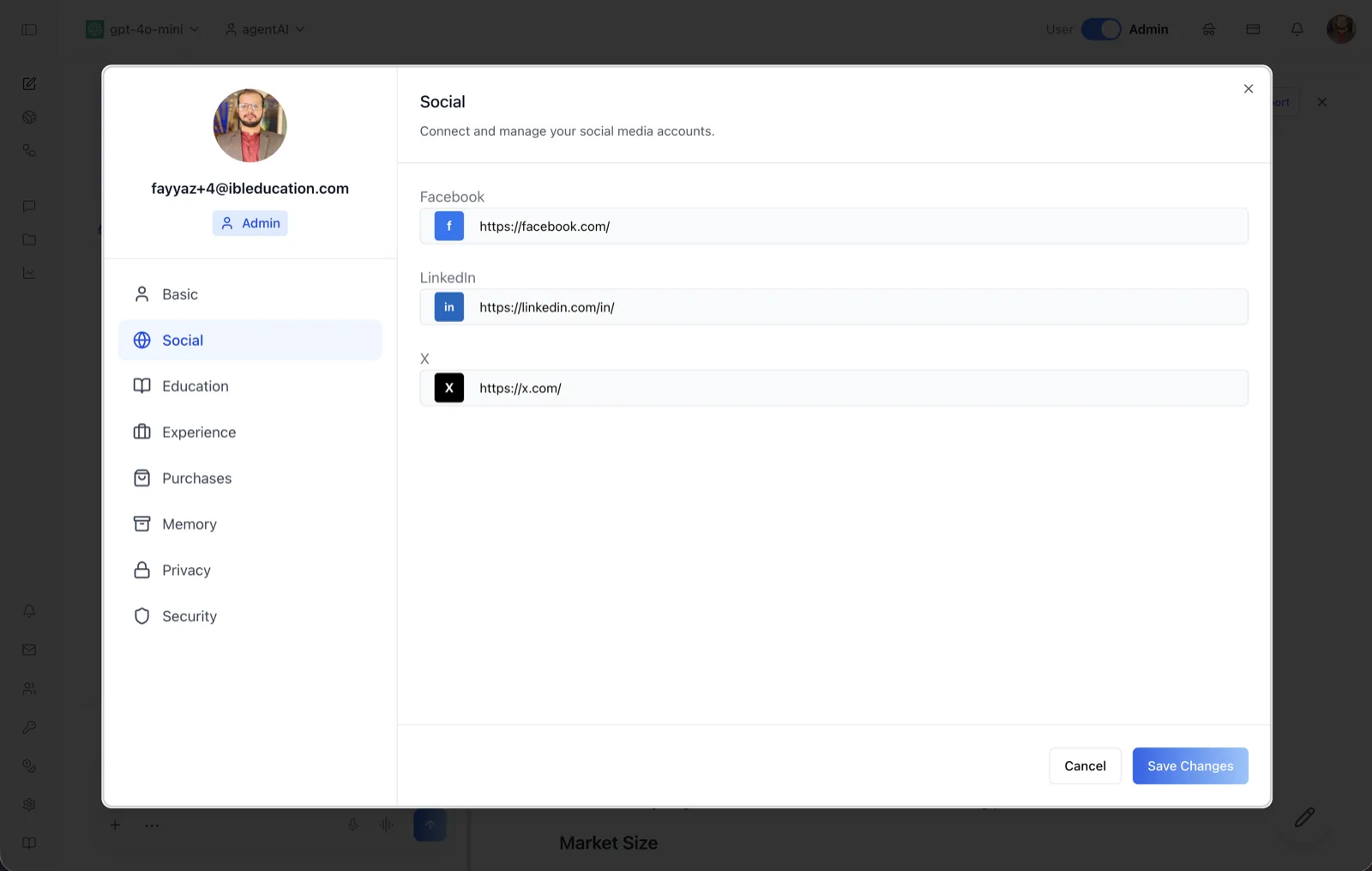 The Social tab of the User Profile dialog, with Facebook, LinkedIn, and X URL fields