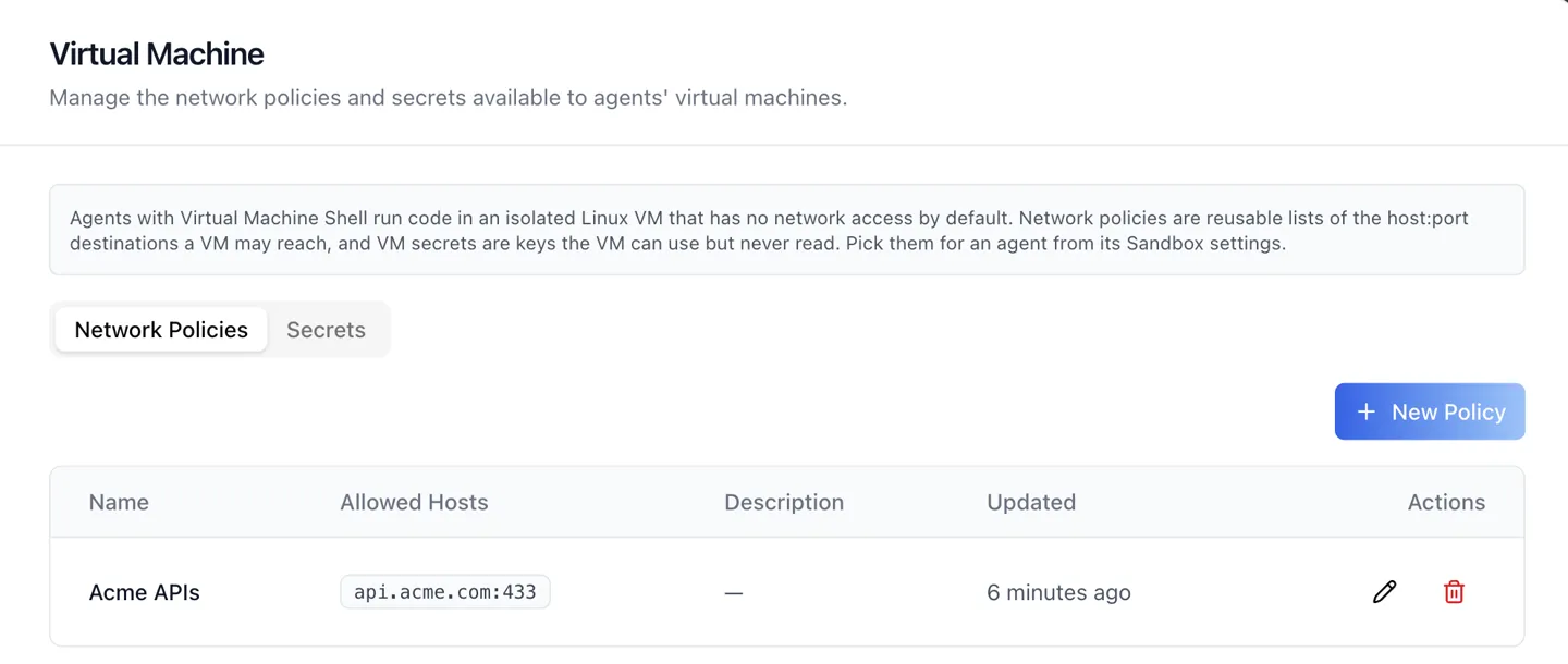 The Virtual Machine tab on the Network Policies sub-tab: an explanatory banner, a New Policy button, and a table with Name, Allowed Hosts, Description, Updated and Actions columns