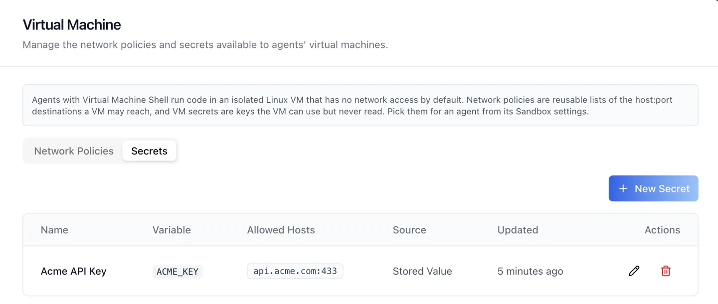 The same Virtual Machine tab on the Secrets sub-tab, with a New Secret button and a table of Name, Variable, Allowed Hosts, Source, Updated and Actions