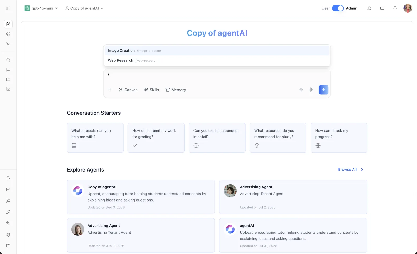 The chat page with the skill picker open above the composer