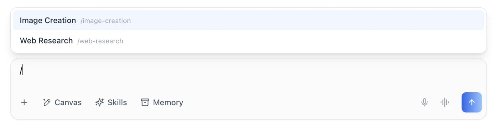 The chat composer with a slash typed, showing a picker listing Image Creation /image-creation and Web Research /web-research
