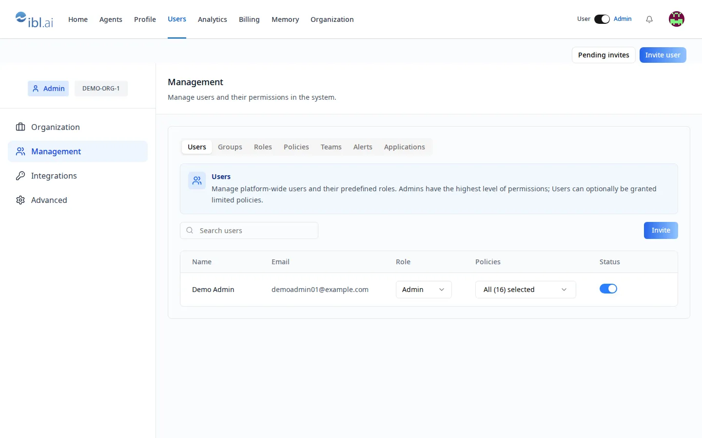 The Management panel inside the Agentic Vibe starter app, with tabs for Users, Groups, Roles, Policies, Teams, Alerts and Applications, a Search users field, an Invite button, and a demo admin listed with the Admin role, all 16 policies selected, and an active status toggle.