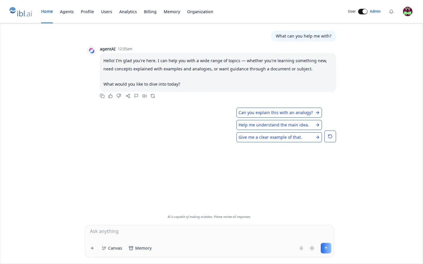 The Agentic Vibe starter app's home page as an admin: a navigation bar with Home, Agents, Profile, Users, Analytics, Billing, Memory and Organization, a User/Admin switch, and a chat with an agent answering What can you help me with?, three suggested follow-up questions, and a composer with Canvas and Memory.