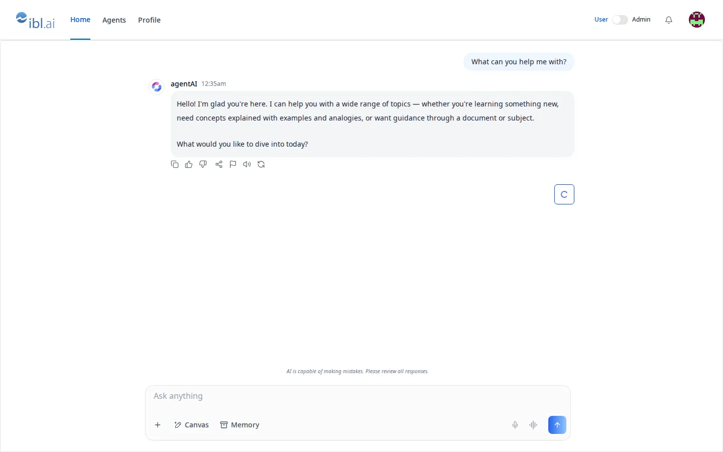 The same Agentic Vibe starter app in User mode: the navigation bar shows only Home, Agents and Profile, beside the chat with the agent.