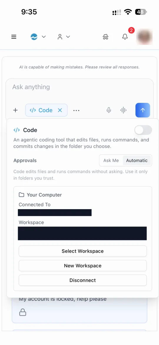 Code Mode on a phone after pairing: Connected To the desktop, with its local address and the current workspace folder redacted, and Select Workspace, New Workspace and Disconnect buttons.