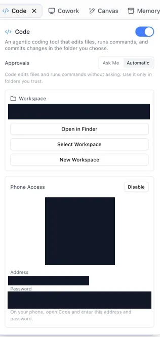 The Code settings panel in the Agentic OS desktop app: Code switched on, Approvals set to Automatic, a Workspace section with Open in Finder, Select Workspace and New Workspace buttons, and a Phone Access section showing where the pairing QR code, address and password appear, all redacted.