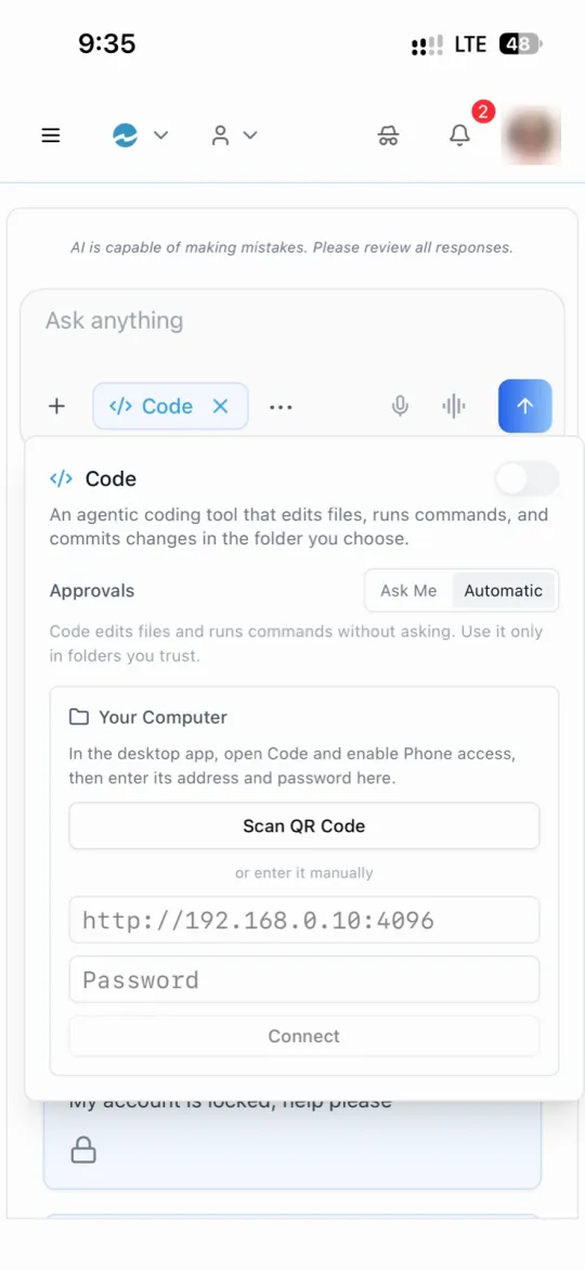 Code Mode on a phone before pairing: the Your Computer panel asks you to open Code in the desktop app and enable Phone access, with a Scan QR Code button and fields to enter the desktop's address and password by hand.