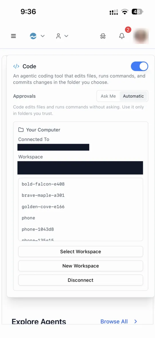 Code Mode on a phone with Code switched on, choosing one of the paired desktop's workspaces to work in.