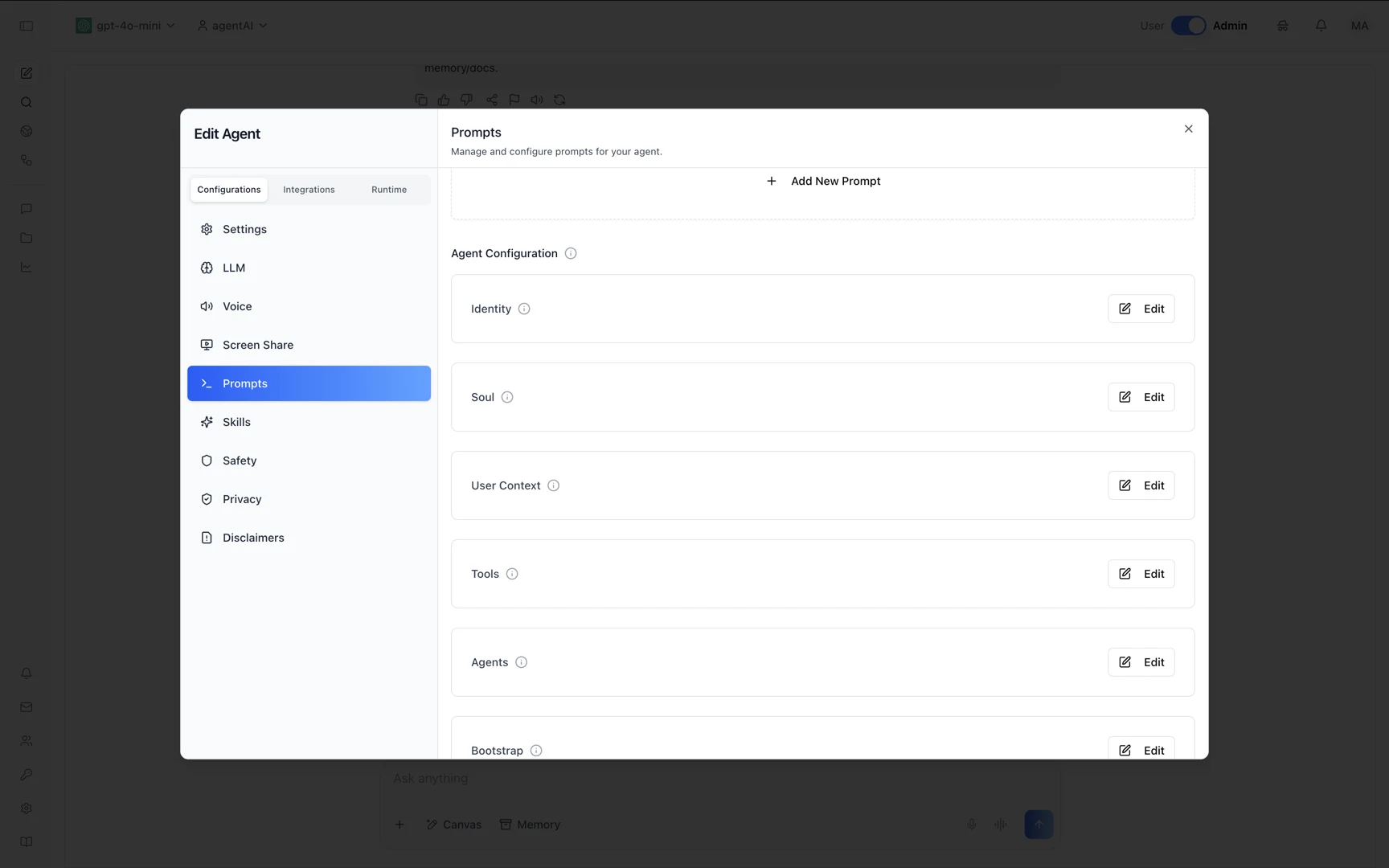The Prompts screen of the Edit Agent dialog, listing the Agent Configuration entries — Identity, Soul, User Context, Tools, Agents, and Bootstrap — each with an Edit button.