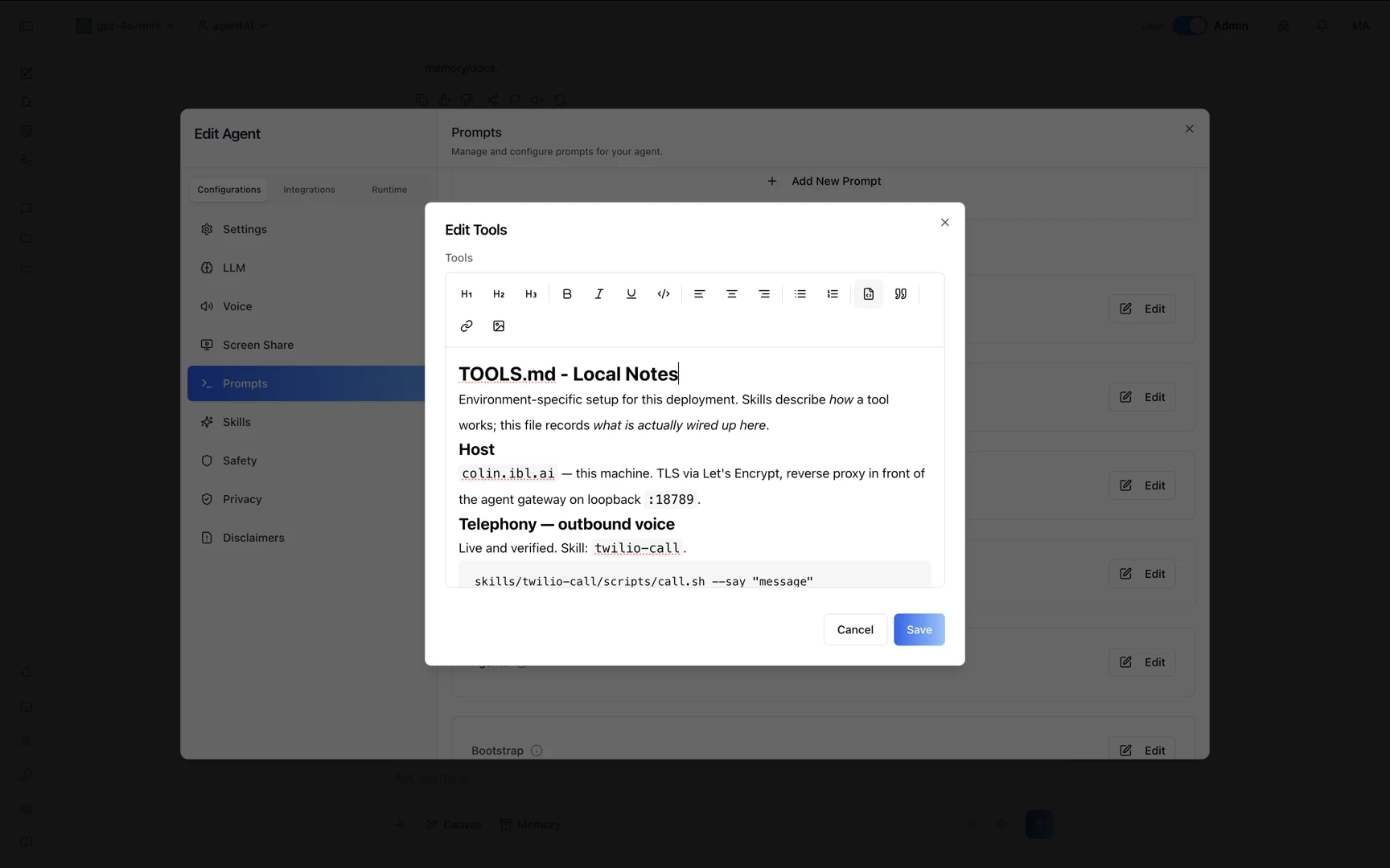 The Edit Tools dialog showing TOOLS.md local notes: the host with Let's Encrypt TLS and a reverse proxy in front of the agent gateway on loopback, and a Telephony section marked live and verified with the twilio-call skill invocation.