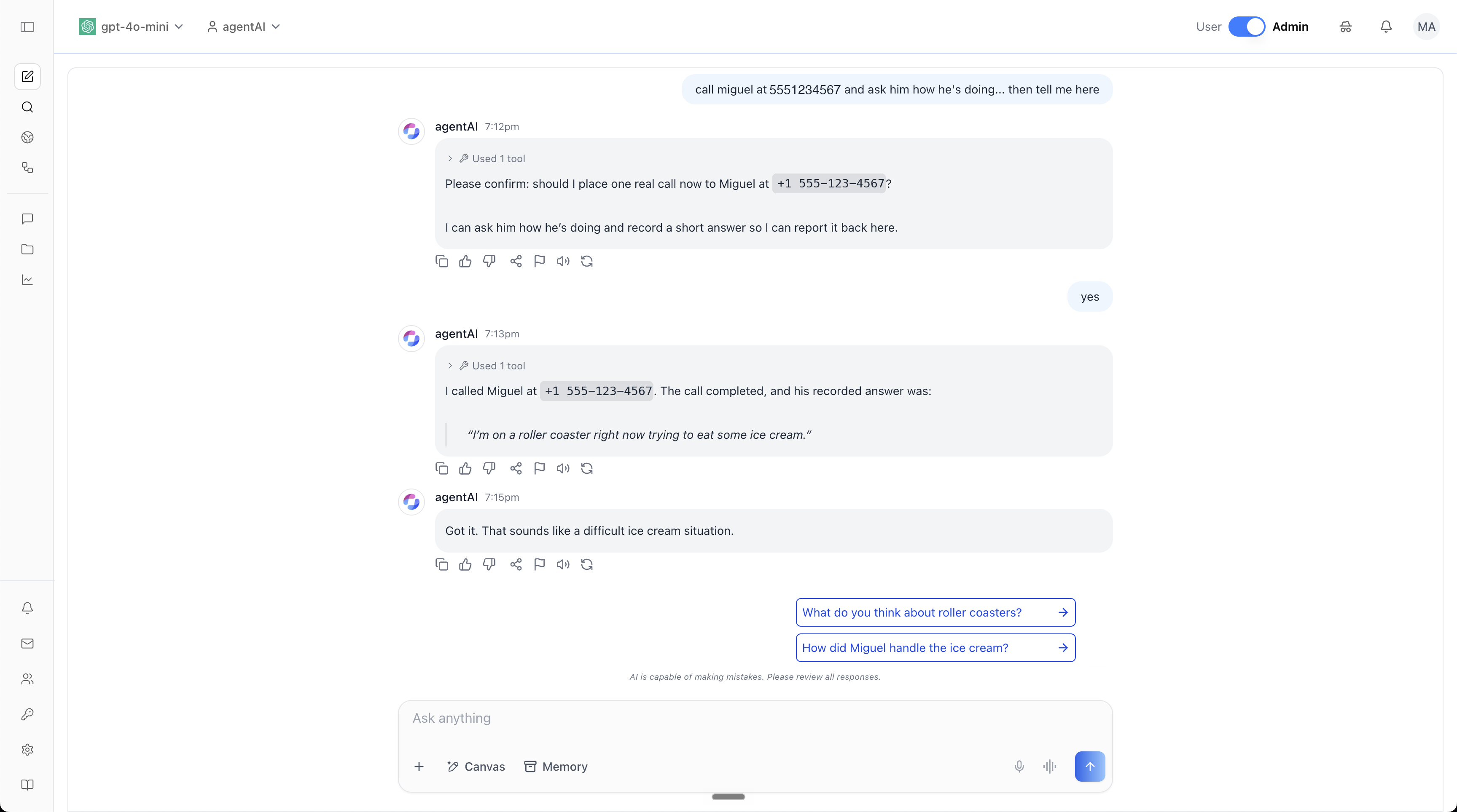 A chat transcript in which an agent is asked to place a phone call, checks its own skill documentation, asks permission before dialing, then reports back what the person on the other end said.