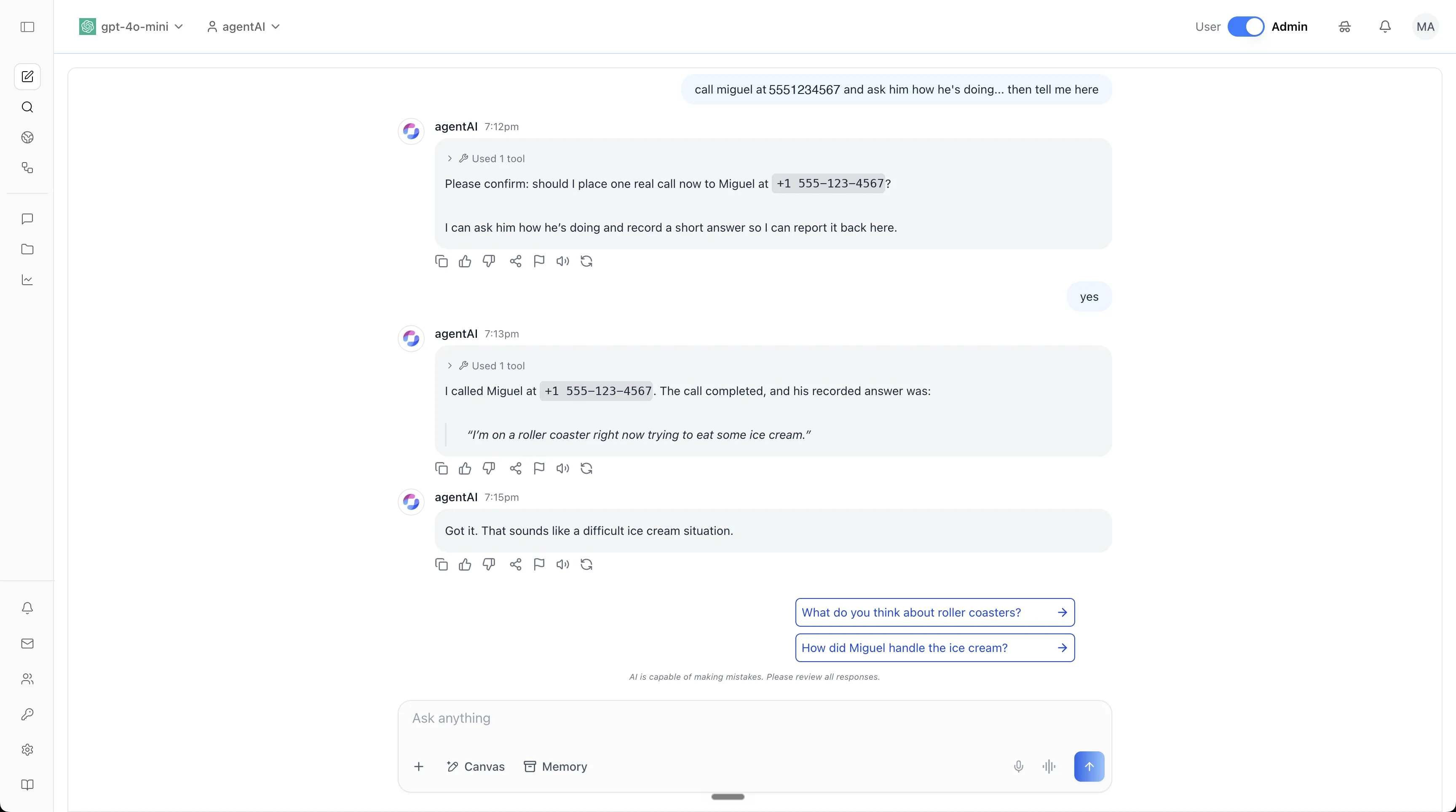 A chat transcript in which an agent is asked to place a phone call, checks its own skill documentation, asks permission before dialing, then reports back what the person on the other end said.