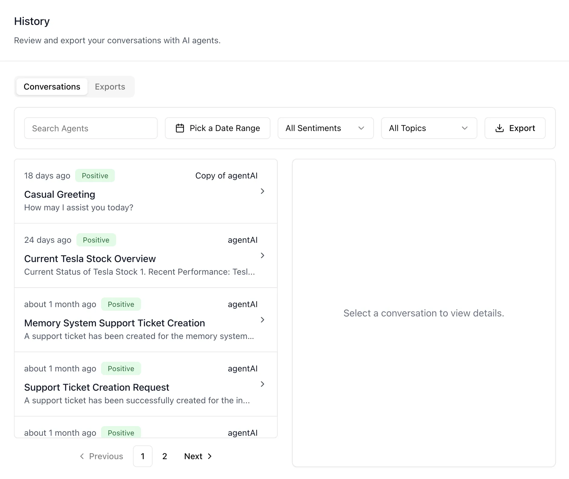 Profile History on the Conversations tab, showing agent, date-range, sentiment, and topic filters above a conversation list and a transcript preview