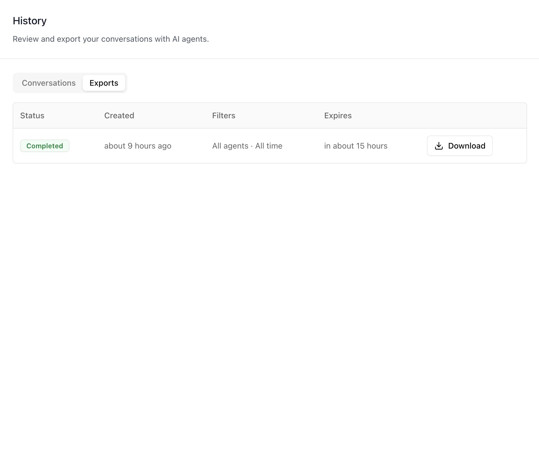 The Exports tab, listing generated reports with status, creation time, the filters used, expiry, and a download action