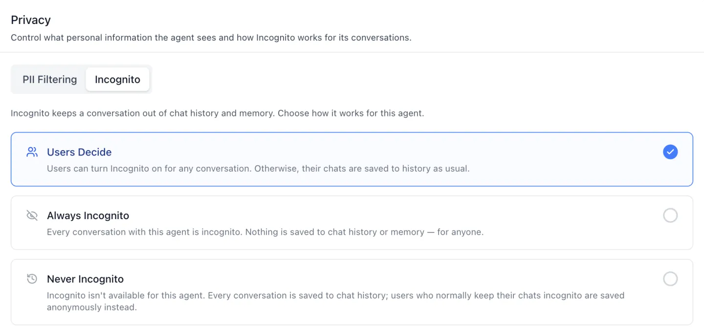 The Incognito sub-tab of an agent's Privacy tab in ibl.ai, introduced by the line Incognito keeps a conversation out of chat history and memory, choose how it works for this agent, above three radio cards: Users Decide (selected), Always Incognito, and Never Incognito, each describing what it does to conversations with that agent.