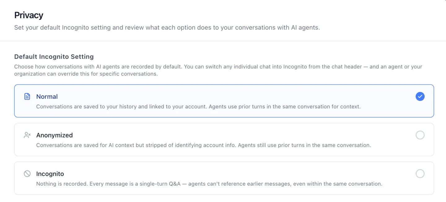 The Privacy tab of a user profile in ibl.ai, headed Default Incognito Setting, with three cards: Normal (selected), Anonymized, and Incognito, each describing how conversations with AI agents are recorded under that choice.
