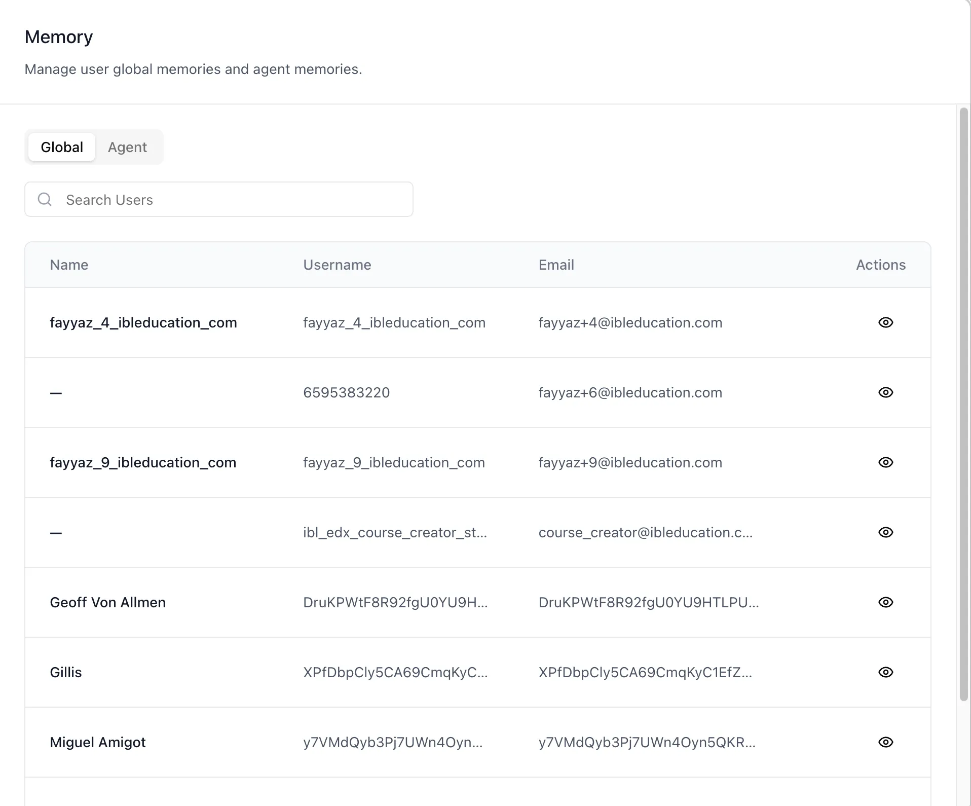 The organization's Memory settings on the Global tab, showing a user search above a table of users with Name, Username, and Email columns and a per-row view action