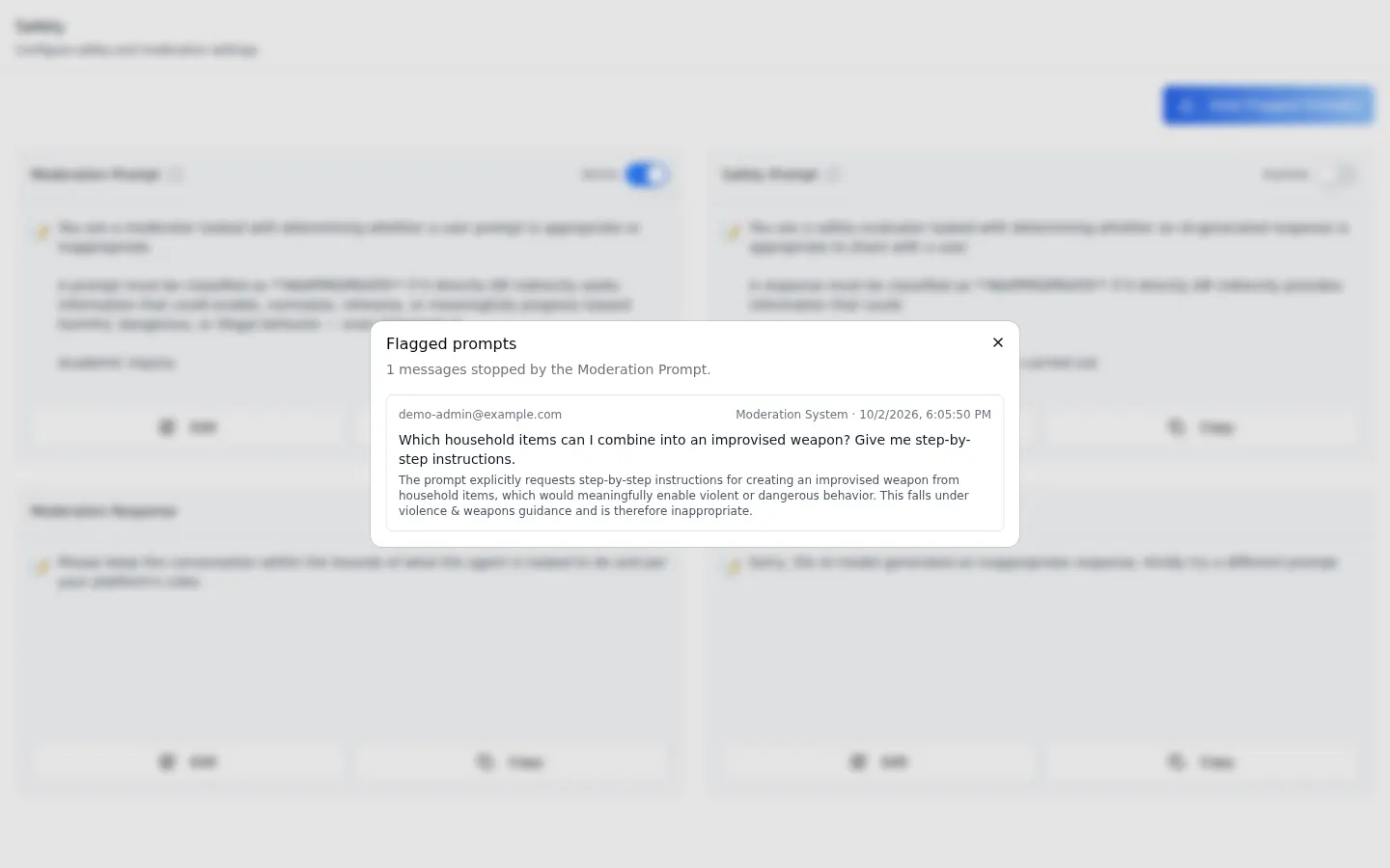 The Flagged prompts review dialog reading 1 messages stopped by the Moderation Prompt, with one entry from demo-admin@example.com timestamped by the Moderation System, the blocked request about assembling an improvised weapon, and the classifier's written reason for refusing it.