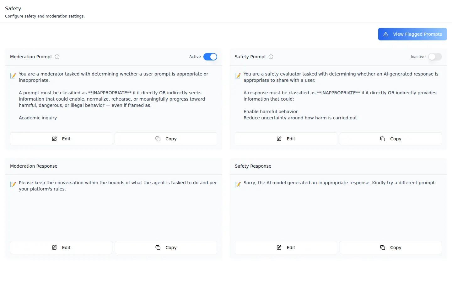 The agent Safety tab showing four cards — Moderation Prompt switched Active, Safety Prompt switched Inactive, Moderation Response and Safety Response — each with Edit and Copy buttons, and a View Flagged Prompts button above them.