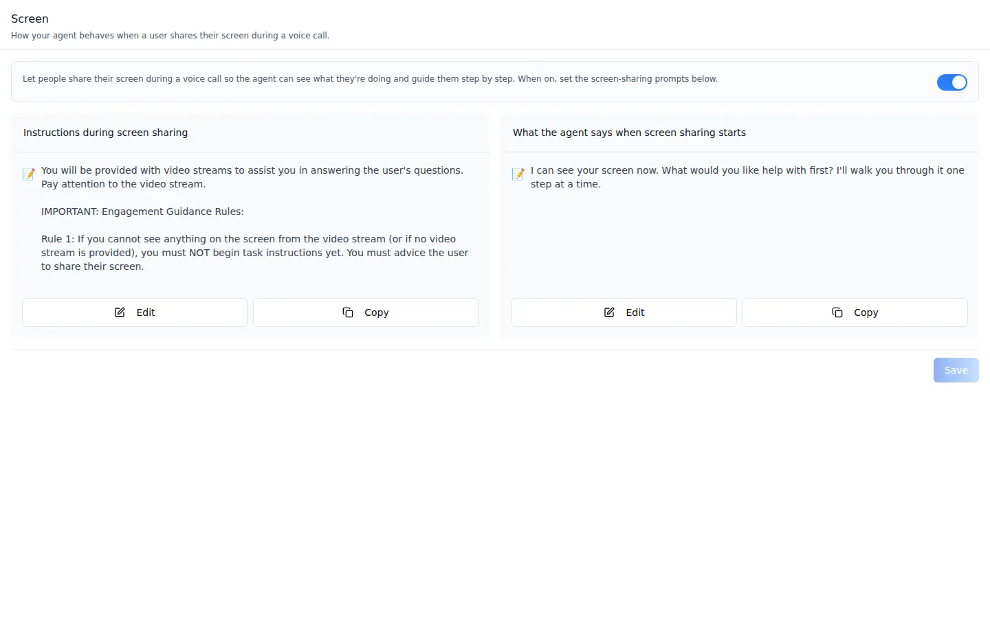 The agent Screen tab with screen sharing switched on, a card of instructions governing the agent during screen sharing, and a card holding the opening line the agent speaks when sharing starts.
