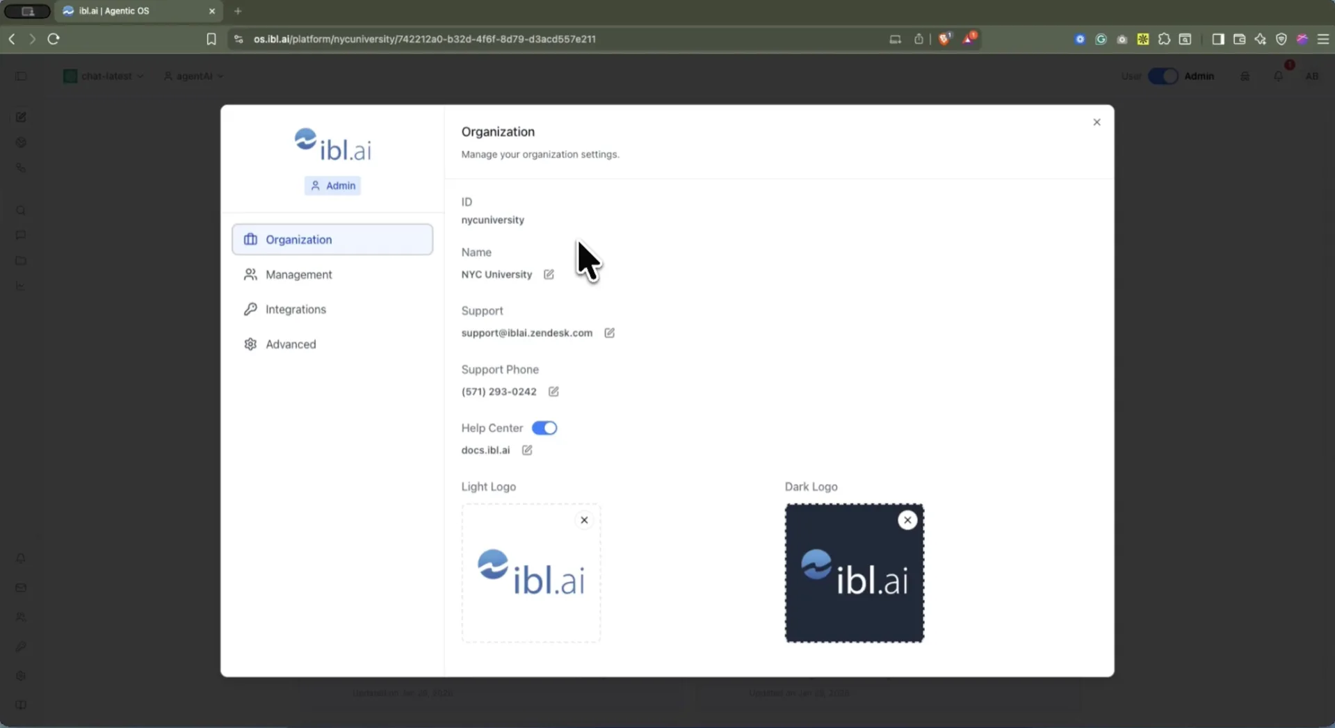 The Organization tab of the organization settings dialog in Agentic OS, showing the tenant ID nycuniversity, the display name NYC University, a support email and support phone, a Help Center toggle pointing at docs.ibl.ai, and separate Light Logo and Dark Logo upload slots each holding an ibl.ai logo.