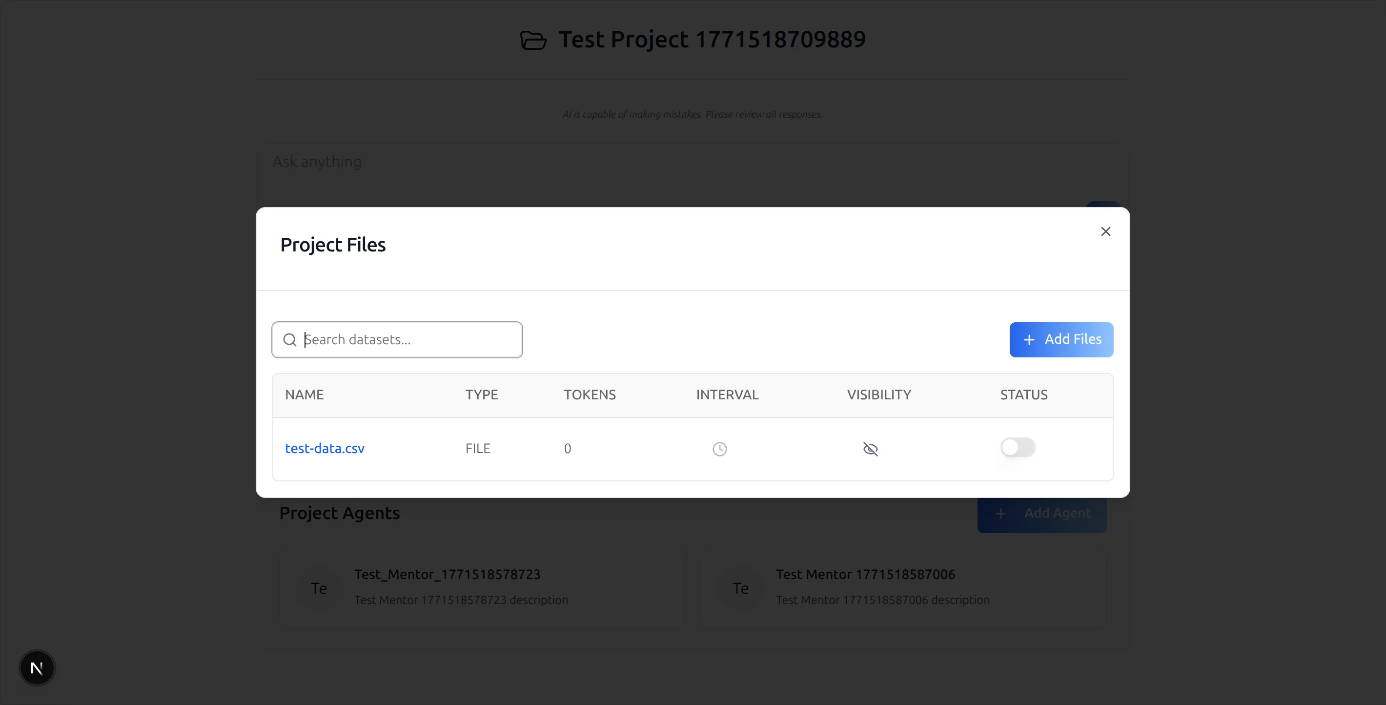 The Project Files dialog, showing a dataset search, an Add Files button, and a table of files with Name, Type, Tokens, Interval, Visibility, and Status columns
