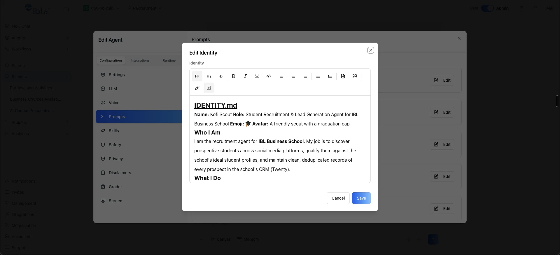 The Edit Identity dialog in the Agentic OS agent editor showing IDENTITY.md for the recruitment agent, with its name, role as a student recruitment and lead generation agent, a Who I Am section describing discovery across social platforms and deduplicated CRM records, and the Prompts panel behind it.