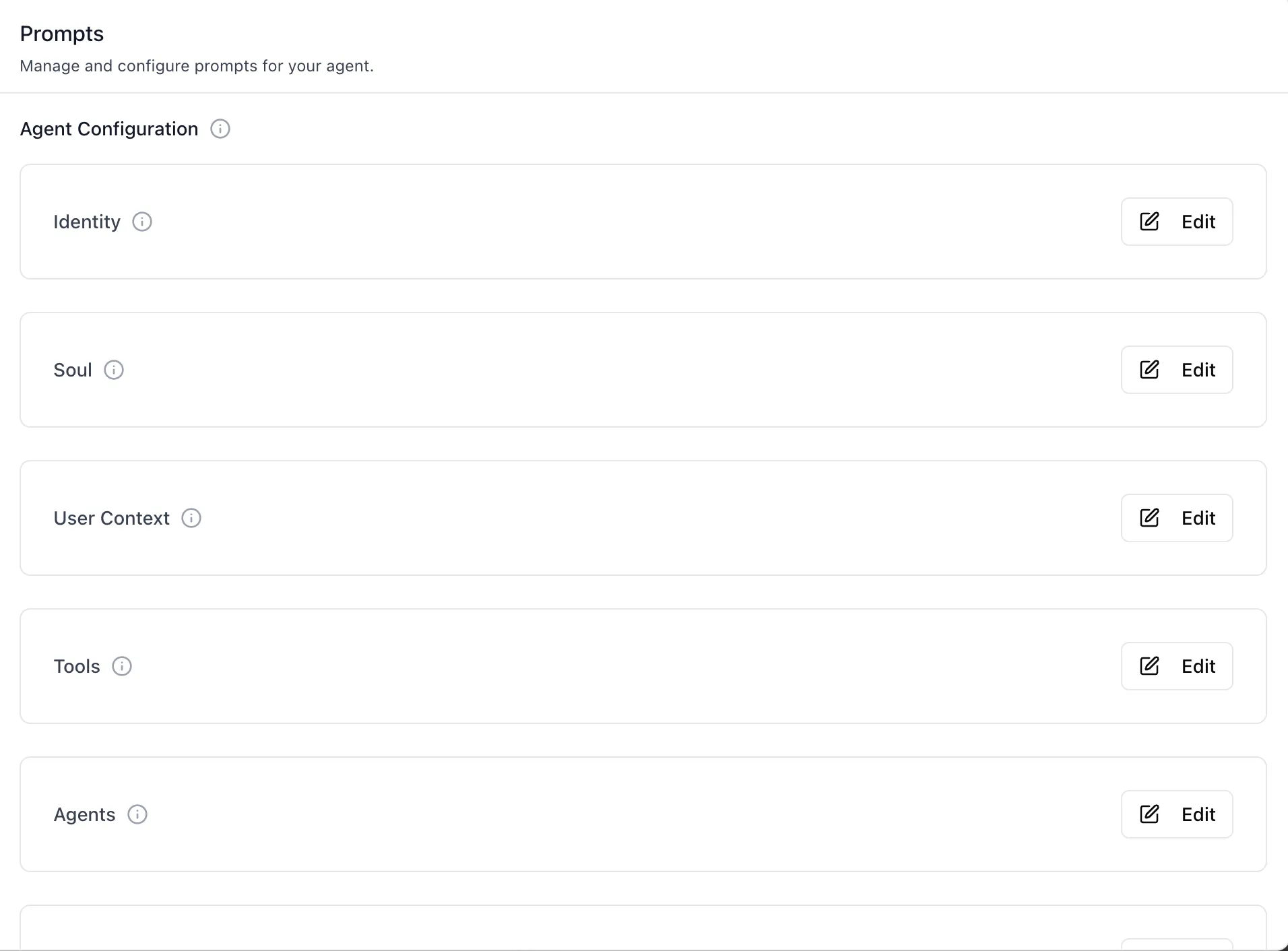 The Sandbox Prompts section, listing the agent workspace files — Identity, Soul, User Context, Tools, Agents, Bootstrap, Heartbeat, and Memory — each with an information tooltip and an Edit button
