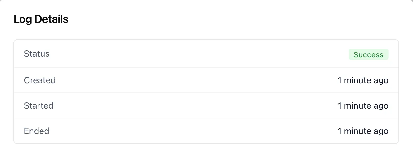 The Log Details view of one scheduled agent run in ibl.ai, with a Status of Success and Created, Started and Ended times each reading 1 minute ago.