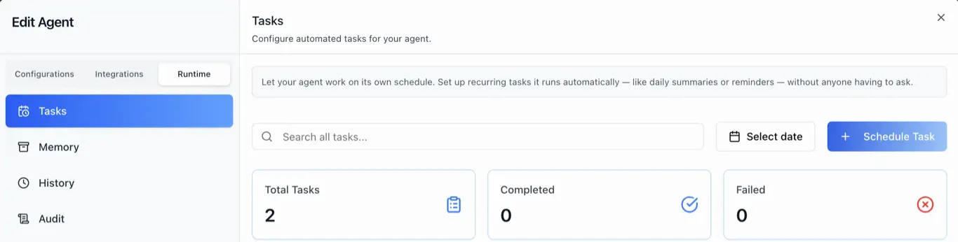 The Tasks tab in the Edit Agent dialog of ibl.ai, under the Runtime group with Tasks, Memory, History and Audit in the sidebar: the header reads Configure automated tasks for your agent, a banner explains that the agent can work on its own schedule, and below a task search box, a Select date filter and a Schedule Task button sit three metric cards for Total Tasks, Completed and Failed.