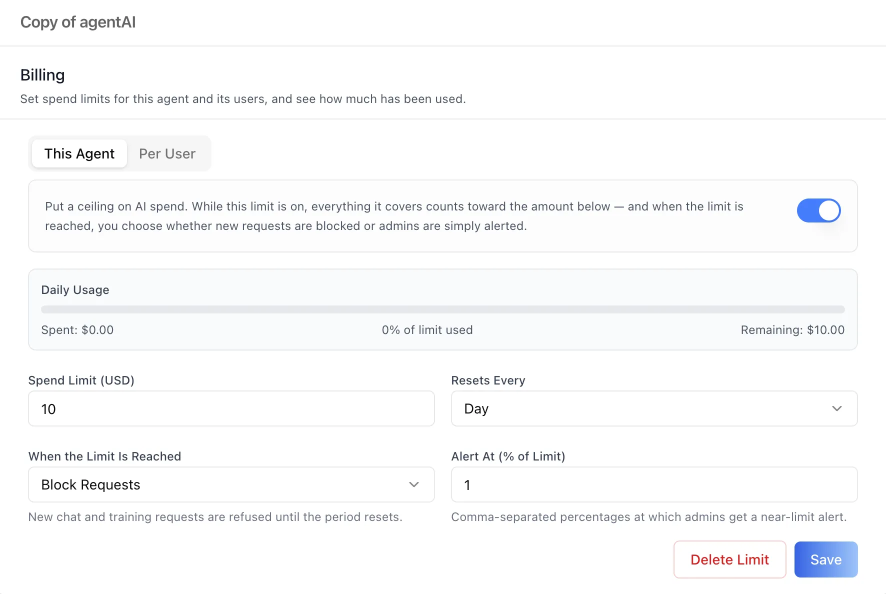 The Manage popup opened from the Agent Limits table, showing that agent's own Billing editor inside the dialog