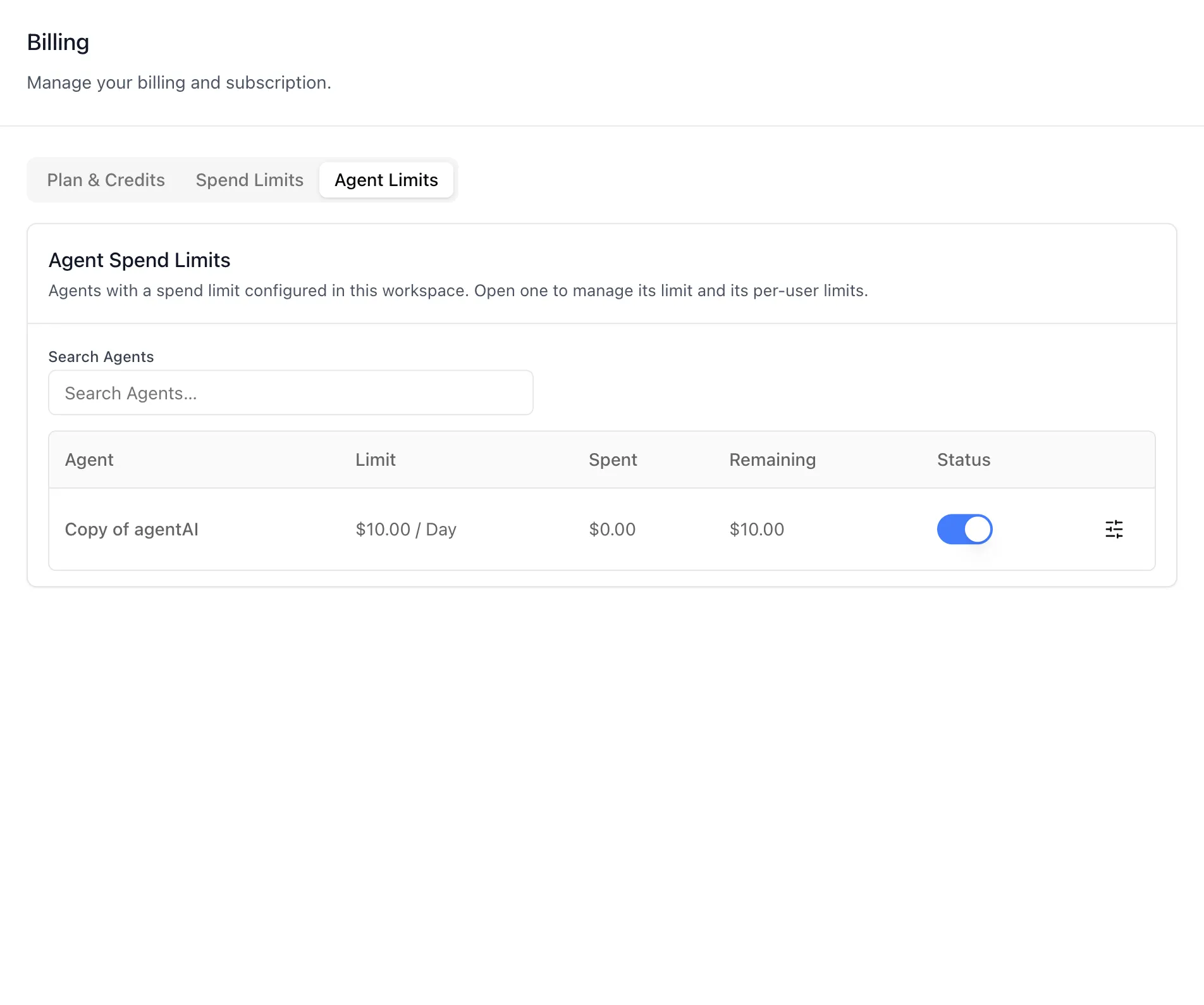 The Agent Limits tab, showing an agent search above a table of every agent with a spend cap, listing Limit, Spent, Remaining, and Status