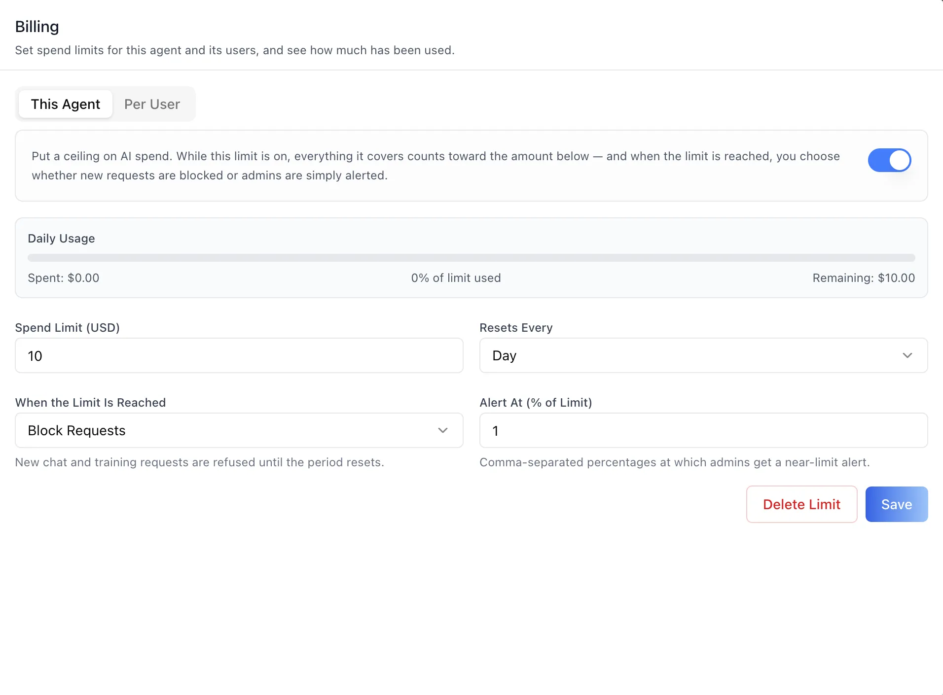 The Billing panel on the This Agent sub-tab, showing the enable toggle, a monthly usage strip with spent, percent used, and remaining figures, the spend limit field, the reset interval, the enforcement mode, and the alert thresholds