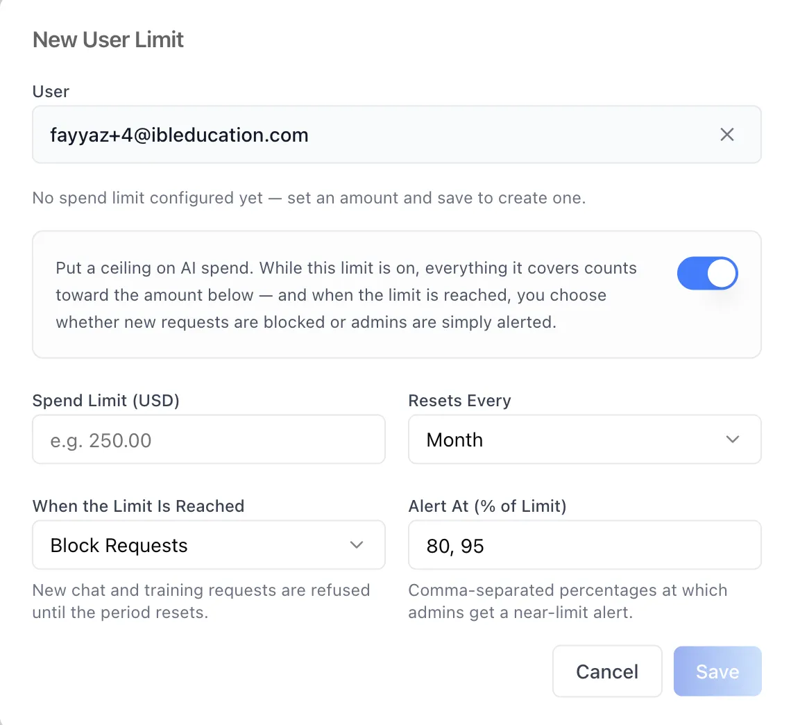 The New User Limit modal, with the platform-user search above the spend-cap fields