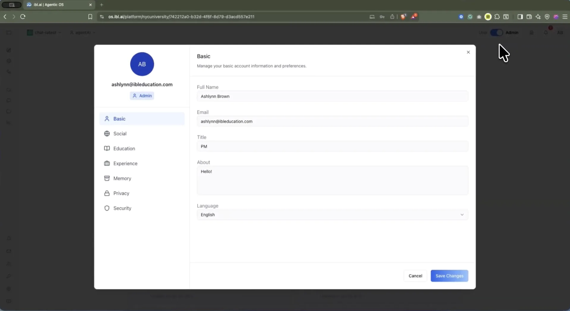 The Basic tab of the User Profile dialog in Agentic OS, showing Full Name, Email, Title, an About bio field, and a Language dropdown set to English, with the seven profile tabs listed in the left rail: Basic, Social, Education, Experience, Memory, Privacy, and Security.